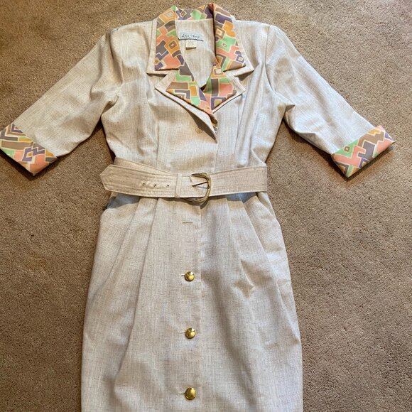VINTAGE Petites Tan w/ mod print Belted Secretary Dress 10P USA Business - Picture 1 of 5